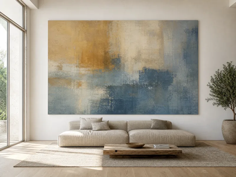 Een grote canvasprint die een woonkamermuur vult